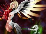  artist_request blonde_hair blood cyborg death dissection genji_(overwatch) guro mercy_(overwatch) murder overwatch sword weapon 