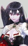  1girl black_collar black_hair black_wings breasts cleavage cleavage_cutout closed_mouth collar collarbone earrings face gem gradient gradient_background hair_between_eyes hand_on_hip highres jewelry long_hair mimi_ps_20 original pink_eyes red_lips smile solo upper_body wings 