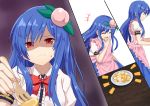  +++ 1girl apron blue_hair blue_skirt bow bowtie closed_eyes commentary_request feeding food food_themed_hair_ornament fork from_side fruit grimace hair_ornament hand_to_own_mouth hinanawi_tenshi holding holding_fork long_hair no_hat no_headwear peach peach_hair_ornament pink_apron plate pov puffy_short_sleeves puffy_sleeves red_eyes red_neckwear shaded_face shirt short_sleeves skirt solo split_screen sugiyama_ichirou tearing_up touhou very_long_hair wavy_mouth white_shirt 