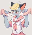  2020 animal_crossing anthro blonde_hair blush bodily_fluids censored clothed clothing crossdressing cum cum_on_face disembodied_penis domestic_cat erection erection_under_clothing eyes_closed eyewear felid feline felis fur genital_fluids genitals glasses grey_background grey_body grey_fur group group_sex hair half-length_portrait handjob human ineffective_censorship kokomo_niwa male male/male mammal nintendo penile penis portrait raymond_(animal_crossing) school_uniform sex simple_background solo_focus threesome uniform video_games 