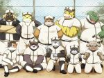  2014 anthro baseball_(sport) baseball_uniform belly bottomwear brown_body brown_fur canid canine canis clothing detailed_background domestic_cat domestic_dog emufu eyes_closed eyewear felid feline felis fur green_body grey_body grey_fur group kemono male mammal outside overweight overweight_male pantherine pants raccoon_dog shirt sitting sport sportswear sunglasses tanuki tiger topwear uniform ursid yellow_body yellow_fur 