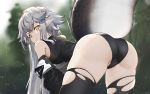  1girl arknights ass bangs bare_shoulders bent_over black_legwear black_panties blurry blurry_background crocodilian_tail detached_sleeves english_commentary from_behind highres large_tail long_hair looking_at_viewer looking_back panties pointy_ears sidelocks silver_hair solo tail thighhighs thighs tomimi_(arknights) underwear vchan very_long_hair yellow_eyes 