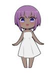  1girl :d bare_arms bare_shoulders barefoot blush chibi dark_skin dress fate/prototype fate/prototype:_fragments_of_blue_and_silver fate_(series) full_body hassan_of_serenity_(fate) highres i.u.y looking_at_viewer open_mouth purple_eyes purple_hair simple_background sleeveless sleeveless_dress smile solo standing white_background white_dress 