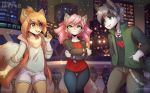  2020 anthro blue_eyes canid canine canis city clothed clothing detailed_background digital_media_(artwork) domestic_cat domestic_dog felid feline felis female group husky longdanger male mammal night nordic_sled_dog outside shiba_inu sky smile spitz star starry_sky 