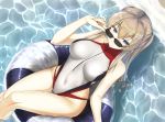  1girl adjusting_eyewear beach blonde_hair blue_eyes breasts carmine_(ucdio) collarbone floating graf_zeppelin_(kantai_collection) graphite_(medium) hair_between_eyes highres innertube kantai_collection large_breasts long_hair looking_at_viewer one-piece_swimsuit sidelocks smile solo sunglasses swimsuit traditional_media water 