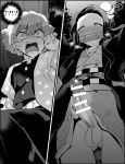  !? 1boy 1girl agatsuma_zenitsu bar_censor belt bit_gag blonde_hair blush censored commentary_request erection futa_with_male futanari gag greyscale hair_ornament highres jacket kamado_nezuko kimetsu_no_yaiba long_hair looking_at_viewer monochrome no_panties nose_blush open_mouth penis short_hair standing surprised tearing_up tears testicles yuuma_(yuma1111) 