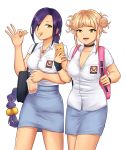  2girls backpack bag bangs black_choker blonde_hair boku_no_hero_academia braid breasts cellphone chikujouin_magane choker commentary_request crossover double_bun earrings eating fangs food hair_between_eyes jewelry long_hair looking_at_another medium_breasts multiple_girls necklace pencil_skirt phone purple_hair re:creators school_uniform second-party_source simple_background single_braid skirt storm_zero toga_himiko torii_earrings unbuttoned unbuttoned_shirt very_long_hair white_background yellow_eyes 