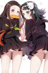  2girls :o ass ass_visible_through_thighs black_sailor_collar black_shirt black_skirt blush bread brown_hair commentary_request dated food fox_mask green_eyes green_hair green_neckwear hair_ribbon highres kamado_nezuko kimetsu_no_yaiba long_hair long_sleeves looking_at_viewer looking_back makomo_(kimetsu) mask mask_on_head miniskirt mouth_hold multicolored_hair multiple_girls neckerchief panties pantyshot pink_ribbon pleated_skirt purple_eyes red_hair ribbon sailor_collar shirt signature skirt two-tone_hair underwear very_long_hair white_panties wind wind_lift zhang_xiaozhai 