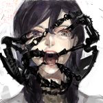  1boy androgynous brown_eyes clamps device drawr expressionless eyelashes heterochromia horror_(theme) lips looking_at_viewer male_focus mouth nishihara_isao oekaki open_mouth original purple_eyes purple_hair solo teeth tongue 