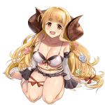  1girl anila_(granblue_fantasy) bangs barefoot bikini blonde_hair blush breasts cleavage commentary_request draph flower full_body granblue_fantasy hair_flower hair_ornament hair_ribbon horns large_breasts long_hair looking_at_viewer mahan navel open_mouth red_ribbon ribbon round_teeth sheep_horns short_eyebrows sitting solo swimsuit teeth thigh_strap thighs transparent_background very_long_hair wariza yellow_eyes 