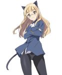  1girl animal_ears black_legwear blonde_hair cat_ears cat_tail closed_mouth crossed_arms glasses long_hair long_sleeves looking_at_viewer military military_uniform panties panties_under_pantyhose pantyhose perrine_h_clostermann simple_background smile solo strike_witches tail umanosuke underwear uniform white_background white_panties world_witches_series yellow_eyes 
