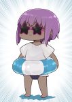  1girl bangs barefoot black_swimsuit chibi colored_shadow dark_skin emphasis_lines eyebrows_visible_through_hair fate/prototype fate/prototype:_fragments_of_blue_and_silver fate_(series) full_body hassan_of_serenity_(fate) highres i.u.y innertube one-piece_swimsuit pink-framed_eyewear purple_hair see-through shadow shirt short_sleeves solo standing star-shaped_eyewear sunglasses swimsuit swimsuit_under_clothes transparent v-shaped_eyebrows white_shirt 
