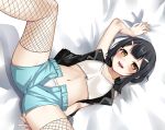  1girl :d absurdres baicha bangs bed_sheet black_hair blush bow bow_panties crop_top fate/kaleid_liner_prisma_illya fate_(series) fishnet_legwear fishnets from_above hair_bun hair_ornament hairclip highres looking_at_viewer lying midriff miyu_edelfelt navel on_back open_mouth orange_eyes panties short_shorts shorts sidelocks sleeveless smile solo spread_legs tank_top thighhighs underwear unzipped vest white_panties 