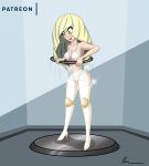  angry blonde_hair breasts clothing female footwear green_eyes hair hi_res high_heels human lusamine_(pok&eacute;mon) mammal nintendo patreon pheromosa pok&eacute;mon pok&eacute;mon_(species) rosvo rubber rubber_suit shoes simple_background solo swimwear transformation ultra_beast video_games 