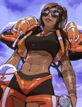  1girl abs alternate_costume alternate_hairstyle arm_tattoo armor aviator_sunglasses black_swimsuit breasts brown_hair can chest_tattoo cloud cloudy_sky commentary dark_skin day english_commentary eye_of_horus facial_tattoo from_below glasses hair_tubes headwear_removed helmet helmet_removed life_vest lifeguard_pharah lips long_hair medium_breasts navel opaque_glasses open_clothes open_vest overwatch pharah_(overwatch) ponytail shorts shoulder_armor sky soda_can solo sunglasses swimsuit tankini tattoo toned vashperado vest wet whistle whistle_around_neck 