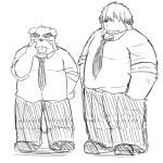  1:1 2014 anthro bottomwear canid canine canis clothing domestic_dog duo emufu kemono male mammal monochrome necktie overweight overweight_male pants shirt simple_background tongue tongue_out topwear white_background 