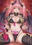  1girl :p bikini bikini_tug blue_eyes blush breasts cameltoe cleavage demon_girl demon_horns demon_tail demon_wings head_wings heart heart_tattoo highres horns large_breasts long_hair looking_at_viewer open_mouth original pink_hair pink_nails pointy_ears pubic_tattoo ran&#039;ou_(tamago_no_kimi) sitting smile solo spread_legs succubus swimsuit tail tattoo thighhighs tongue tongue_out twintails wings 
