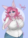  anthro big_breasts blue_eyes breasts catsmeow clothed clothing female fur hair hi_res huge_breasts lagomorph leporid mammal nipple_outline pink_body pink_fur pink_hair rabbit shirt solo topwear 