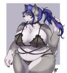  anthro areola big_breasts blue_hair bra breasts canid canine catsmeow chest_tuft cleavage clothed clothing female hair hi_res mammal overweight overweight_anthro overweight_female panties simple_background solo thick_thighs translucent translucent_clothing tuft underwear 
