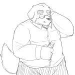  1:1 2014 anthro belly canid canine canis clothing domestic_dog eating emufu eyewear food glasses kemono male mammal monochrome overweight overweight_anthro overweight_male shirt simple_background solo topwear white_background 