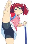  1girl arm_support ass ass_visible_through_thighs bike_shorts blush bow child frown green_eyes hair_bow highres leg_lift leg_up looking_at_viewer om_(nk2007) pink_bow pink_coat red_hair saru_getchu sayaka_(saru_getchu) short_sleeves shorts shorts_under_skirt simple_background solo split standing standing_on_one_leg standing_split twintails white_background wristband 