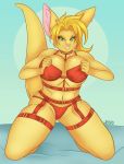  anthro becka big_breasts blonde_hair breasts catsmeow cleavage clothed clothing female green_eyes hair hi_res holding_breast kneeling lingerie mammal panties smile solo underwear yellow_body 