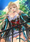  1girl bare_shoulders blonde_hair breasts choker cleavage collarbone commentary_request earrings eyebrows_visible_through_hair highres jewelry large_breasts long_hair looking_at_viewer open_mouth original railing ran&#039;ou_(tamago_no_kimi) skirt solo thigh_strap tongue 