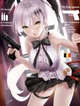  1girl animal_ears artist_name bare_shoulders barrette belgian_flag black_neckwear black_skirt bow bowtie breasts bunny_ears crescent crescent_earrings earrings english_text eyebrows_visible_through_hair five-seven_(girls_frontline) five-seven_(gun) girls_frontline gun hair_ribbon handgun highres holding holding_gun holding_weapon jewelry long_hair looking_at_viewer medium_breasts open_eyes open_mouth pistol piukute062 ribbon shirt silver_hair simple_background skirt solo weapon white_shirt yellow_eyes 
