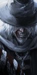  1boy ajaco_a beard black_headwear blindfold blood bloodborne bloody_weapon commentary_request face facial_hair fang father_gascoigne grey_hair grin hat holding jewelry male_focus necklace scarf short_hair smile solo teeth weapon 
