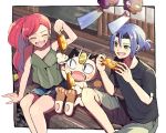  1boy 1girl atsumi_yoshioka bangs bare_arms black_shirt blue_hair blush closed_eyes commentary_request corn denim denim_shorts earrings ekans eyelashes fingernails food gen_1_pokemon green_eyes hair_between_eyes hands_up holding holding_food james_(pokemon) jessie_(pokemon) jewelry koffing legs_together long_hair meowth open_mouth pokemon pokemon_(anime) pokemon_(creature) ponytail red_hair shirt short_sleeves shorts sitting smile t-shirt team_rocket teeth tied_hair tongue 