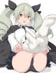  1girl anchovy_(girls_und_panzer) bangs black_cape black_panties cape drill_hair girls_und_panzer green_hair hair_ribbon long_hair panties pantyhose pantyhose_pull red_eyes ribbon shiseki_hirame sitting socks solo thighs twin_drills twintails underwear undressing white_legwear 