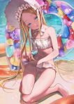  1girl abigail_williams_(fate/grand_order) abigail_williams_(swimsuit_foreigner)_(fate) bangs bare_shoulders bikini blonde_hair blue_eyes bonnet bow breasts fate/grand_order fate_(series) forehead hair_bow kainownill long_hair miniskirt navel parted_bangs sidelocks skirt small_breasts swimsuit twintails very_long_hair white_bikini white_bow white_headwear 