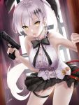  1girl animal_ears artist_name bare_shoulders barrette black_neckwear black_skirt bow bowtie breasts bunny_ears crescent crescent_earrings earrings eyebrows_visible_through_hair five-seven_(girls_frontline) five-seven_(gun) girls_frontline gun hair_ribbon handgun highres holding holding_gun holding_weapon jewelry long_hair looking_at_viewer medium_breasts open_eyes open_mouth pistol piukute062 ribbon shirt silver_hair simple_background skirt solo weapon white_shirt yellow_eyes 
