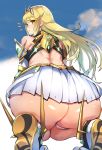 1girl :o ass bare_shoulders blonde_hair blush commentary from_behind highres huge_ass long_hair looking_at_viewer looking_back mythra_(xenoblade) nuezou parted_lips skindentation solo squatting surprised thick_thighs thighs xenoblade_chronicles_(series) xenoblade_chronicles_2 