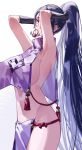  1girl armpits arms_behind_head arms_up bangs blush breasts fate/grand_order fate_(series) highres large_breasts long_hair looking_at_viewer marchab_66 minamoto_no_raikou_(fate/grand_order) parted_bangs pelvic_curtain purple_eyes purple_hair rope sideboob simple_background tabard very_long_hair white_background 