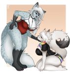  anthro anthro_on_anthro big_breasts blush bottomwear breasts canid canine catsmeow cleavage clothed clothing domination duo ear_piercing ear_ring felid female female/female female_domination fur hand_on_hip hi_res industrial_piercing kneeling lingerie mammal pantherine piercing shorts simple_background snow_leopard submissive submissive_female white_body white_fur 