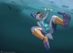  anthro antoreakk asphyxiation avian bird bubble camel_toe clothing drowning feathers female flippers hi_res ice out_of_breath pela_(dragontear) penguin solo swimwear tail_feathers text trapped underwater url water 