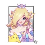  1girl artist_name bare_shoulders blonde_hair blue_eyes collarbone commentary crown earrings english_commentary eyelashes frame holding holding_wand jewelry kajin_(kajinman) lips long_hair looking_at_viewer luma_(mario) mario_(series) rosalina signature smile star_(symbol) star_earrings super_mario_galaxy upper_body wand 