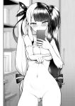  1girl ass_visible_through_thighs bangs black_hair blush bow breasts cellphone censored contrapposto covering_mouth covering_nipples cowboy_shot diisuke eyebrows_visible_through_hair greyscale hair_bobbles hair_bow hair_ornament holding holding_phone large_breasts long_hair low-tied_long_hair monochrome mosaic_censoring multicolored_hair navel nijisanji nude one_finger_selfie_challenge phone pussy self_shot smartphone solo stomach sweatdrop taking_picture twintails two-tone_hair virtual_youtuber yorumi_rena 