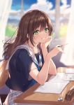  blurry blurry_background brown_hair chair commentary desk eraser eyebrows_visible_through_hair green_eyes highres holding holding_pen looking_at_viewer necomi notebook original pen school_desk school_uniform sitting smile 