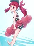 1girl :d absurdres bangs bare_arms bare_shoulders barefoot blunt_bangs bonnet commentary_request foot_out_of_frame highres innertube kemurikusa leaning_forward long_hair looking_at_viewer one-piece_swimsuit open_mouth red_eyes red_hair rina_(kemurikusa) sat-c simple_background smile solo striped striped_swimsuit swimsuit twintails upper_teeth 