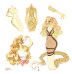  absurd_res anthro apode blonde_hair breasts cleavage clothed clothing colored_nails draconcopode dress eating fangs featureless_breasts female hair hi_res holivi long_hair long_nails mammal mouse murid murine naga nails open_mouth orange_nails red_eyes reptile rodent scalie serpentine snake 