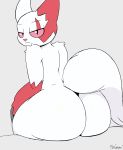  2019 ambiguous_gender anthro big_butt big_tail butt claws digital_drawing_(artwork) digital_media_(artwork) edit fur hi_res huge_butt looking_at_viewer looking_back miso_souperstar nintendo nude pink_nose pink_sclera pok&eacute;mon pok&eacute;mon_(species) rear_view red_body red_ears red_fur signature simple_background sitting solo thick_thighs video_games watermark white_body white_ears white_fur wide_hips zangoose 