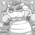  1:1 2015 anthro belly biped blush bodily_fluids bowser emufu kemono koopa male mario_bros monochrome nintendo overweight overweight_anthro scalie sitting solo sweat video_games 