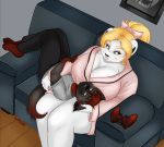  anthro anthro_on_anthro big_breasts blonde_hair blush breasts catsmeow cleavage clothed clothing controller female furniture hair head_on_lap hi_res huge_breasts male male/female mammal mature_female on_lap polar_bear sofa tangerine_(catsmeow) ursid ursine white_body 