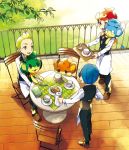  3boys apron biscuit_(bread) blue_hair book brown_footwear chair chili_(pokemon) cilan_(pokemon) commentary_request cress_(pokemon) cup gen_5_pokemon graphite_(medium) green_eyes green_hair holding holding_tray kurochiroko long_sleeves multiple_boys on_chair on_lap on_shoulder open_mouth panpour pansage pansear pants pokemon pokemon_(creature) pokemon_(game) pokemon_bw pokemon_on_lap pokemon_on_shoulder red_hair saucer shoes table tongue traditional_media tray vest waist_apron 