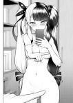  1girl ass_visible_through_thighs bangs black_hair blush bow breasts cellphone censored contrapposto covering covering_crotch covering_mouth covering_nipples cowboy_shot diisuke eyebrows_visible_through_hair greyscale hair_bobbles hair_bow hair_ornament holding holding_phone large_breasts long_hair low-tied_long_hair monochrome mosaic_censoring multicolored_hair navel nijisanji nude one_finger_selfie_challenge phone self_shot smartphone solo sweatdrop taking_picture twintails two-tone_hair virtual_youtuber yorumi_rena 