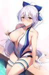 1girl absurdres areola_slip areolae bangs blue_bow blue_swimsuit blush bow breasts center_opening closed_mouth fate/grand_order fate_(series) hair_between_eyes hair_bow highleg highleg_swimsuit highres large_breasts long_hair looking_at_viewer one-piece_swimsuit ponytail red_eyes silver_hair sitting smile swimsuit thigh_strap thighs tomoe_gozen_(fate/grand_order) tomoe_gozen_(swimsuit_saber)_(fate) two-tone_swimsuit viral1112 white_swimsuit 