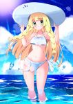  1girl absurdres bangs blonde_hair blush braid closed_mouth cloud commentary_request day eyelashes green_eyes hands_on_headwear hands_up hat highres lillie_(pokemon) long_hair miyama-san navel outdoors pokemon pokemon_(game) pokemon_sm sky smile solo sparkle standing sunlight swimsuit wading water white_headwear white_swimsuit 