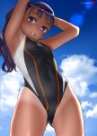  1girl armpits arms_up ass_visible_through_thighs blue_sky breasts cloud commentary_request competition_swimsuit covered_navel eyebrows_visible_through_hair from_below groin highres long_hair looking_at_viewer mu-pyon one-piece_swimsuit one-piece_tan open_mouth original outdoors purple_eyes purple_hair sky solo swimsuit tan tanline 